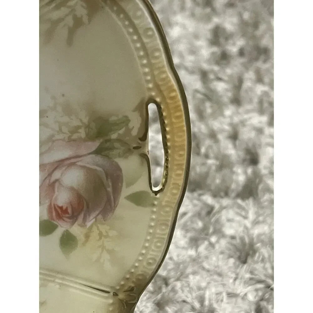 Antique German Porcelain Handled Dessert Cake Plate with Roses